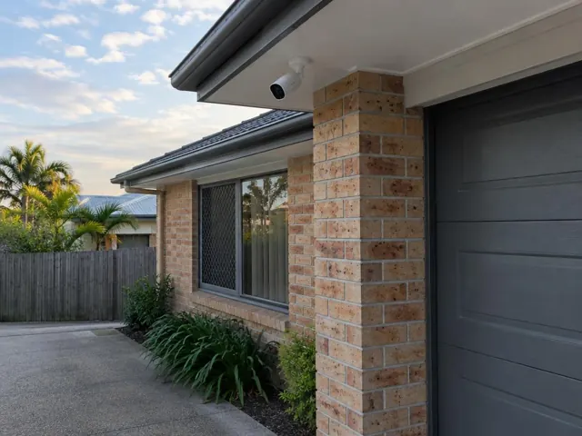 Exterior brick house with a wall-mounted CCTV camera under the eaves in Biggera Waters