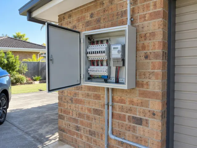 Open exterior switchboard cabinet on a brick wall beside a driveway in Labrador
